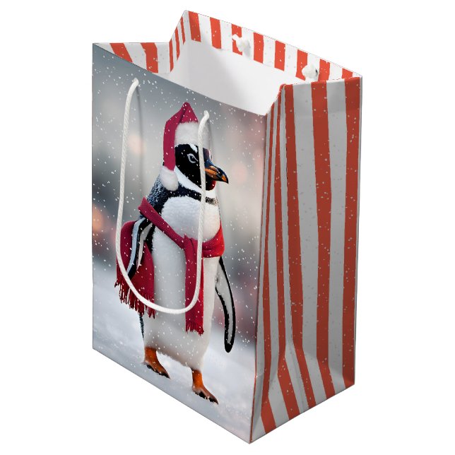 Sacola Para Presentes Média Pinguim De Natal Com Scarf Vermelho (Frente inclinada)