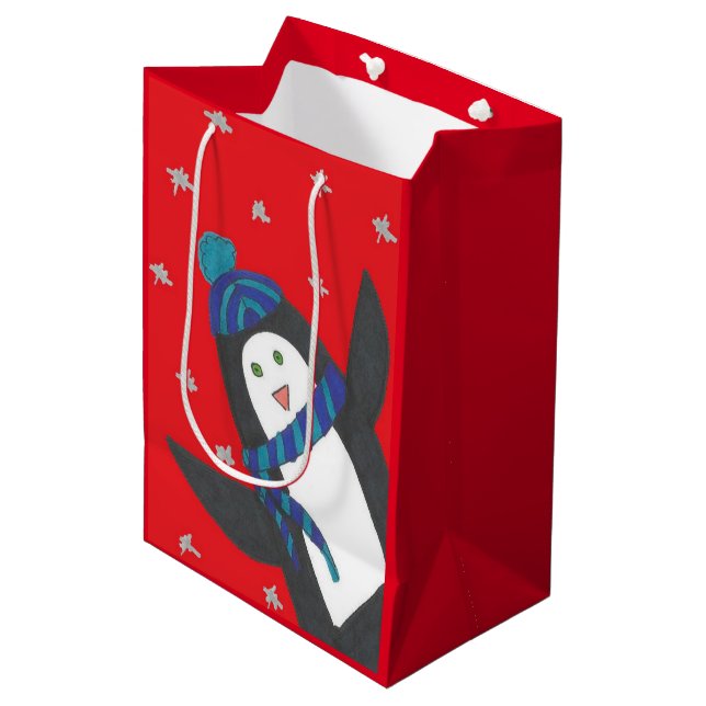 Sacola Para Presentes Média Pinguim de Natal em Vermelho (Frente inclinada)