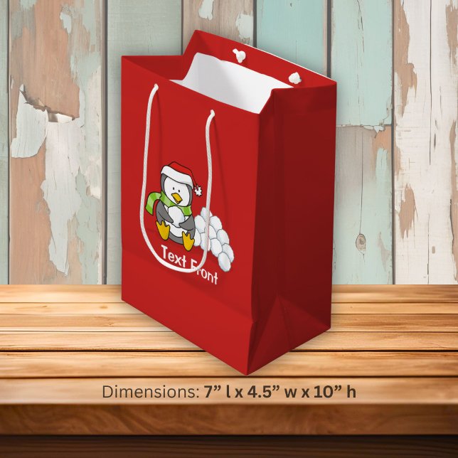 Sacola Para Presentes Média Pinguim de Natal sentado com bolas de neve (Criador carregado)