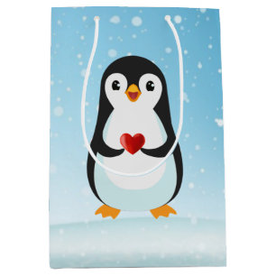 Sacola Para Presentes Média Pinguim Fofo com Coração em Azul Claro
