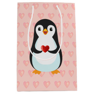 Sacola Para Presentes Média Pinguim Fofo com Coração em Rosa Claro