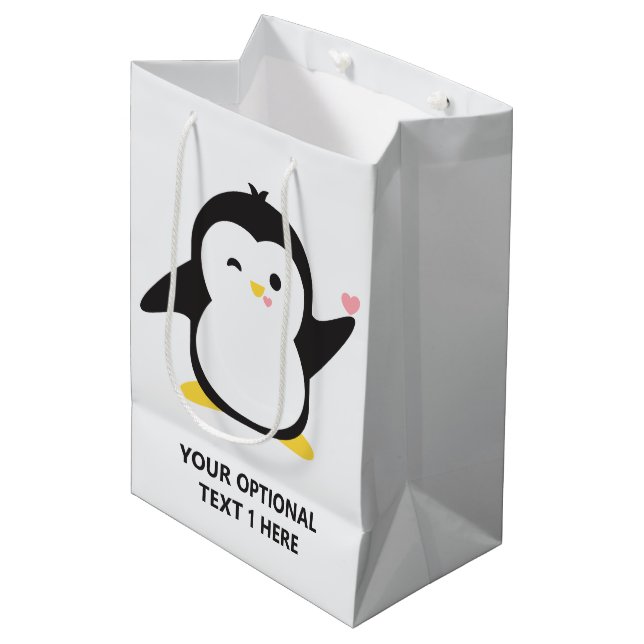 Sacola Para Presentes Média Pinguim fofo de nome personalizado (Frente inclinada)