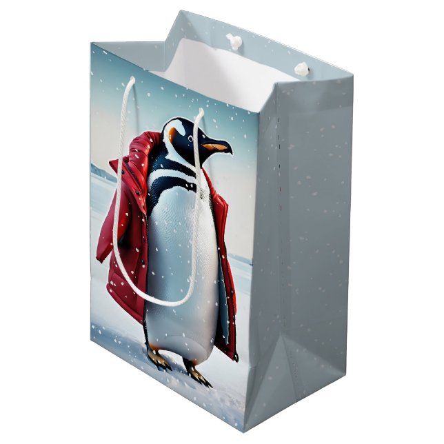Sacola Para Presentes Média Pinguim Natal Vestindo um Casaco vermelho (Frente inclinada)