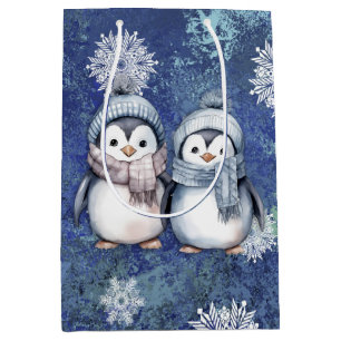 Sacola Para Presentes Média Pinguins de Aquarela Azul-Inverno Escarpando Chapé