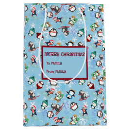 Sacola Para Presentes Média Pinguins de Natal esportes de inverno Bonitos Engr