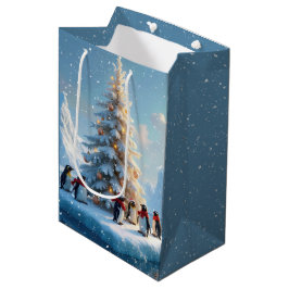 Sacola Para Presentes Média Pinguins reunidos em torno de uma árvore de Natal
