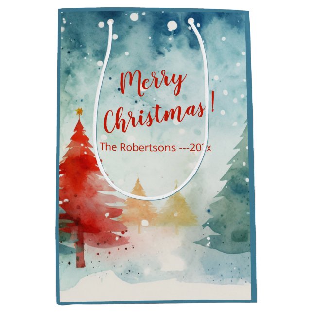 Sacola Para Presentes Média Pinheiros Coloridos Vermelhos (Frente)