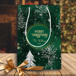 Sacola Para Presentes Média Pinheiros Dourados Prateados Flocos de Neve Caçado