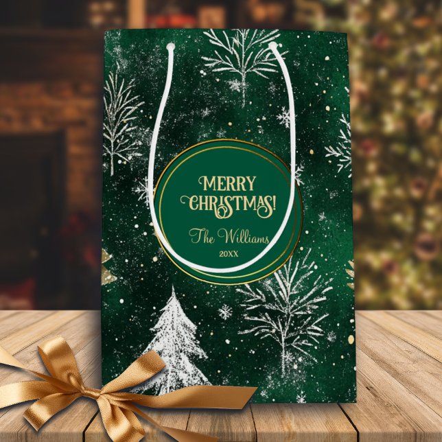 Sacola Para Presentes Média Pinheiros Dourados Prateados Flocos de Neve Caçado (Criador carregado)