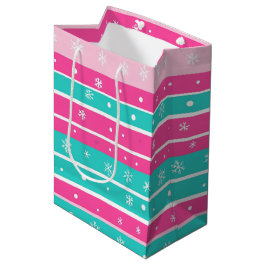Sacola Para Presentes Média Pink and Mint Horizontal Striped Snowflake