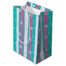 Sacola Para Presentes Média Pink and Mint Vertical Striped Snowflake