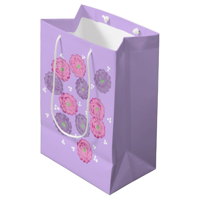 Sacola Para Presentes Média Pink and Purple Flowers on Lavender Gift Bags (Frente inclinada)