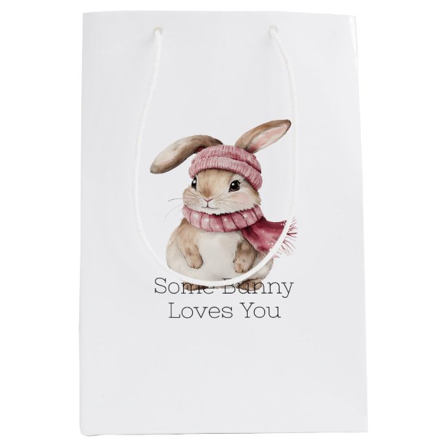 Sacola Para Presentes Média Pink Bunny Rabbit Christmas  (Frente)