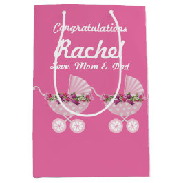 Sacola Para Presentes Média Pink Carriage Girl Baby Shower 7” l x 4.5” w x 10”