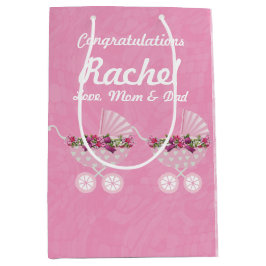 Sacola Para Presentes Média Pink Carriage Girl Baby Shower 7” l x 4.5” w x 10”