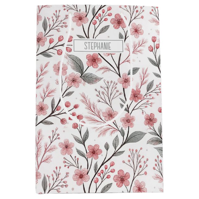 Sacola Para Presentes Média Pink Cherry Blossom Sakura Pattern on White (1) (Frente)