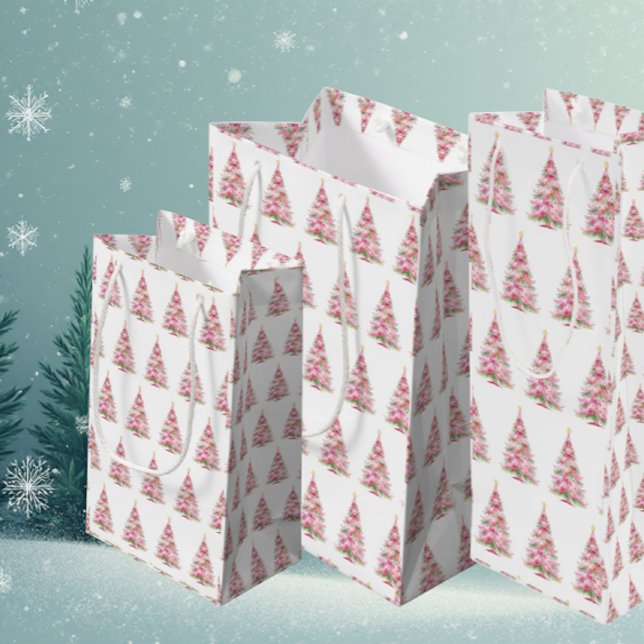 Sacola Para Presentes Média  Pink Christmas Tree (Pretty pink Christmas trees,)