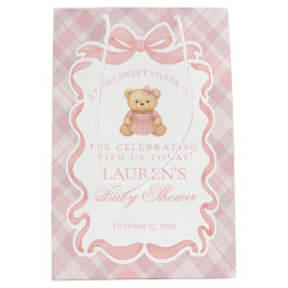 Sacola Para Presentes Média Pink Coquette Bow Bear Plaid Baby Shower Favors