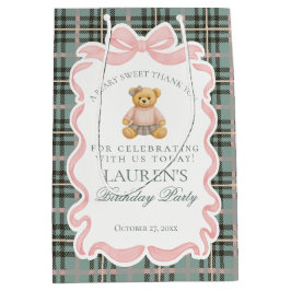 Sacola Para Presentes Média Pink Coquette Bow Bear Tartan Birthday Favors