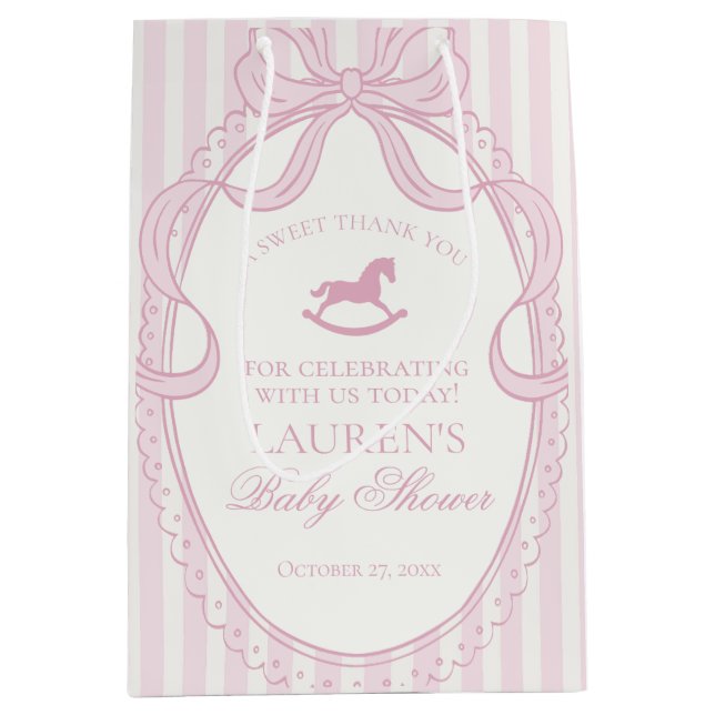 Sacola Para Presentes Média Pink Coquette Bow Rocking Horse Baby Shower Favors (Frente)