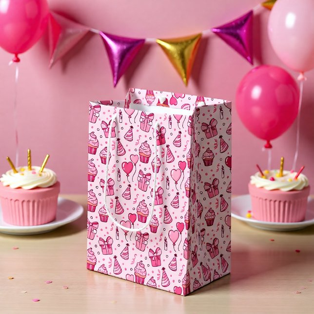 Sacola Para Presentes Média Pink Cupcakes Birthday GIft Bag (Criador carregado)