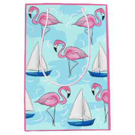Sacola Para Presentes Média Pink Flamingo Blue Sailboat Preppy