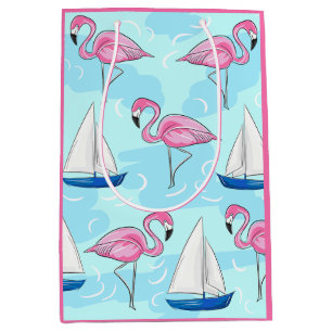 Sacola Para Presentes Média Pink Flamingo Blue Sailboat Preppy