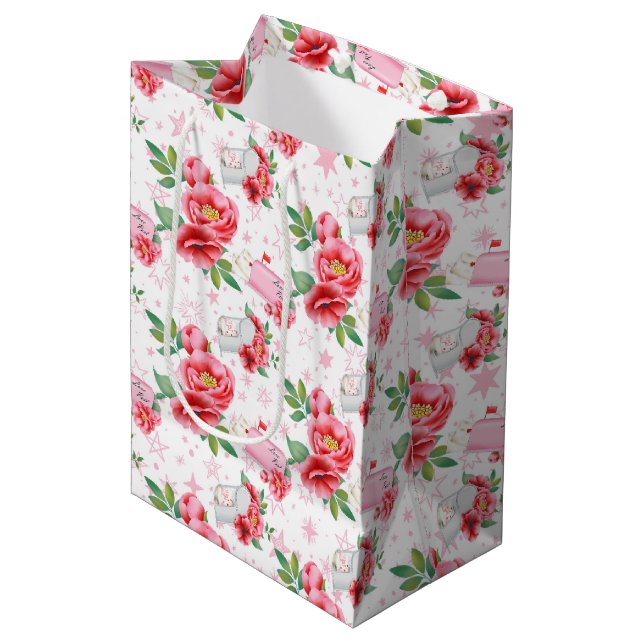 SACOLA PARA PRESENTES MÉDIA PINK FLORES E NAMORADOS AMANTES NOTAS (Frente inclinada)