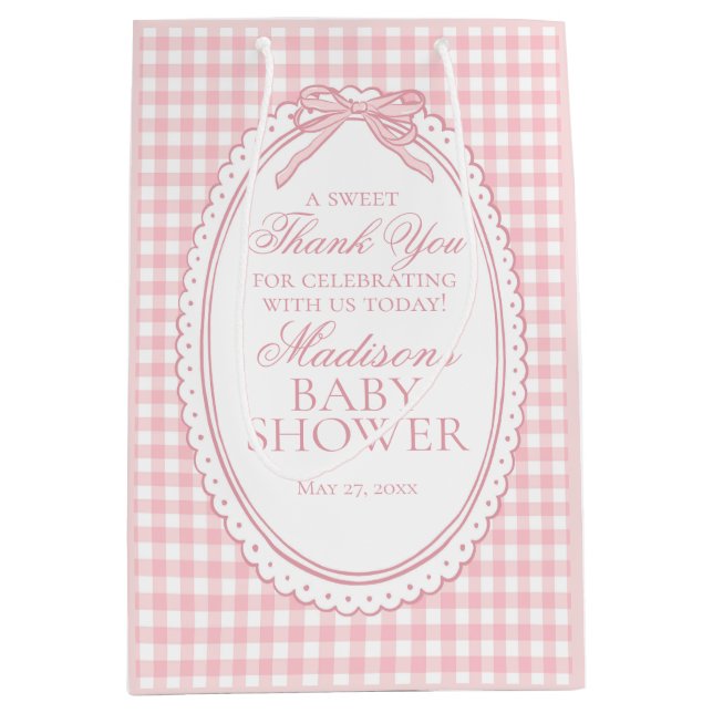 Sacola Para Presentes Média Pink Gingham Coquette Bow Baby Shower Favors (Frente)