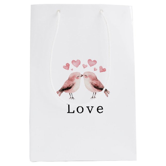 Sacola Para Presentes Média Pink Hearts Love Birds Valentine's Day Wedding (Frente)