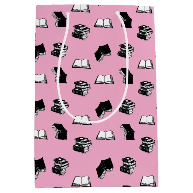 Sacola Para Presentes Média Pink Modern Bookish Bibliophile Book Patterno (Frente)