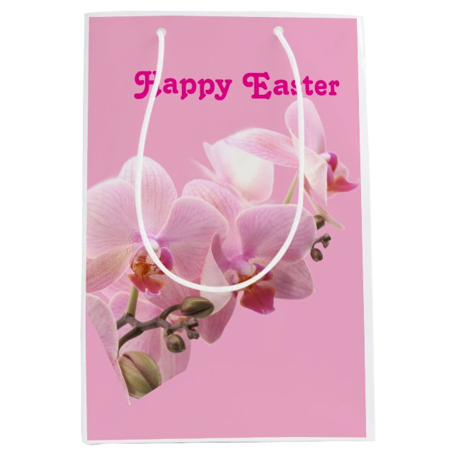 Sacola Para Presentes Média Pink Orchids “Happy Easter”  (Frente)