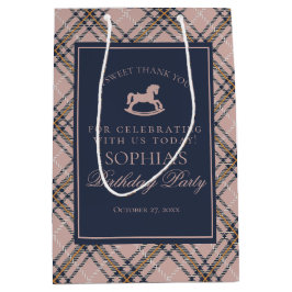 Sacola Para Presentes Média Pink Plaid Classic Rocking Horse Birthday Favor