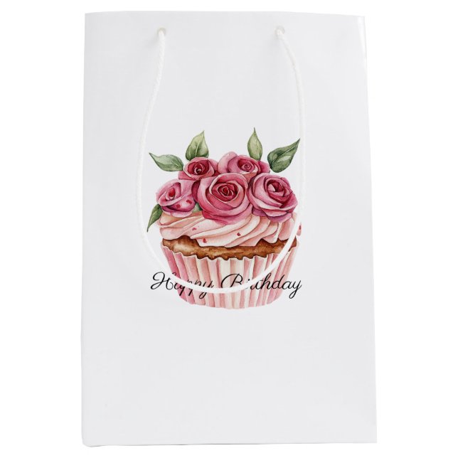 Sacola Para Presentes Média Pink Roses Floral Cupcakes Birthday (Frente)