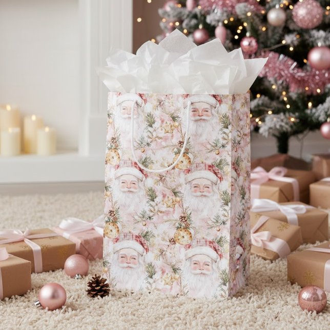 Sacola Para Presentes Média Pink Victorian Santa Claus Christmas Holiday  (Criador carregado)