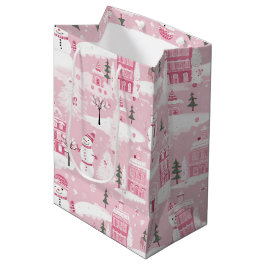 Sacola Para Presentes Média Pink Village Snowy Christmas 
