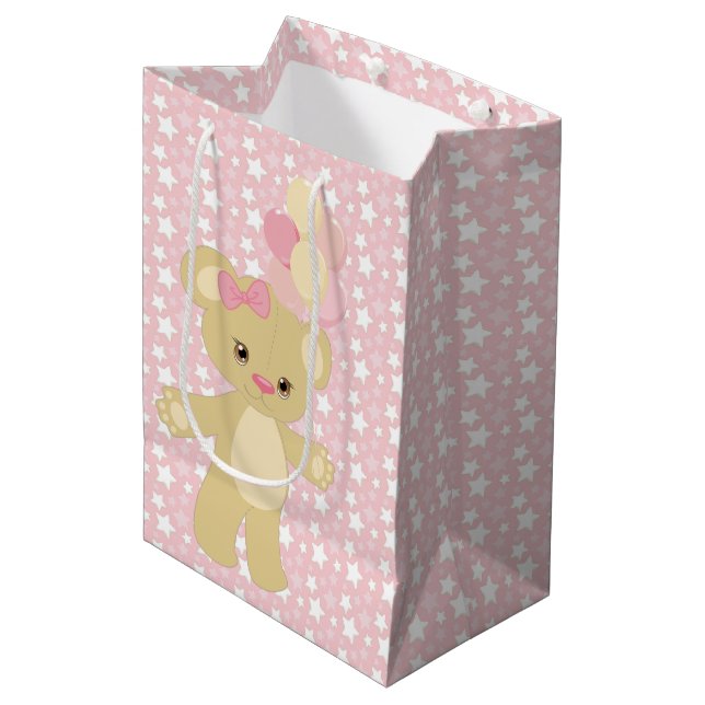 SACOLA PARA PRESENTES MÉDIA PINK & WHITE STARS & TAN TEDDY BEAR BALLOONS (Frente inclinada)