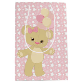 SACOLA PARA PRESENTES MÉDIA PINK & WHITE STARS & TAN TEDDY BEAR BALLOONS