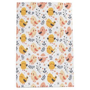 Sacola Para Presentes Média Pintinhos Primavera e padrão floral bonitos