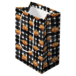 SACOLA PARA PRESENTES MÉDIA PINTOS DE LARANJA COM XADREZ PRETA E BRANCA