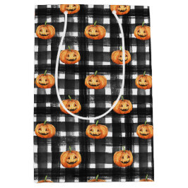 SACOLA PARA PRESENTES MÉDIA PINTOS DE LARANJA COM XADREZ PRETA E BRANCA