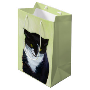Sacola Para Presentes Média Pintura de Gato Tuxedo - Arte de Gato Original Cus