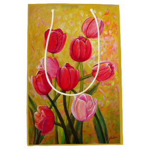 Sacola Para Presentes Média Pintura de montagem de tulipas rosa e vermelha