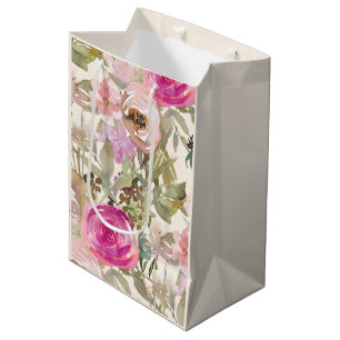Sacola Para Presentes Média Pintura em Aquarela Rosa Folhas de Sage Verde Crem