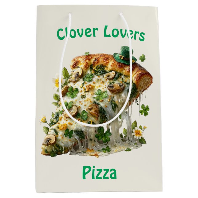 Sacola Para Presentes Média Pizza Amantes de Trevo Dia de São Patrício (Frente)