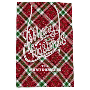 Sacola Para Presentes Média Plaid de Natal Brilhante Merry Christmas
