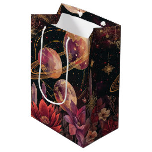 Sacola Para Presentes Média Planeta Anelado com Cristal Cósmico Arte Fantasia 