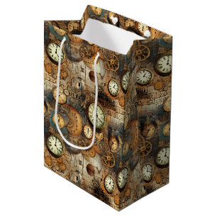 Sacola Para Presentes Média Plano de Engenharia Steampunk Marrom Latão