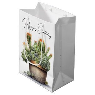 Sacola Para Presentes Média Plantas de Cactos de Aniversário no Pote