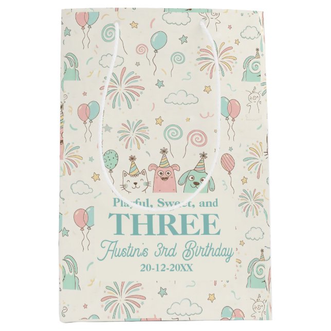 Sacola Para Presentes Média Playful Sweet and Three Kids Birthday  (Frente)